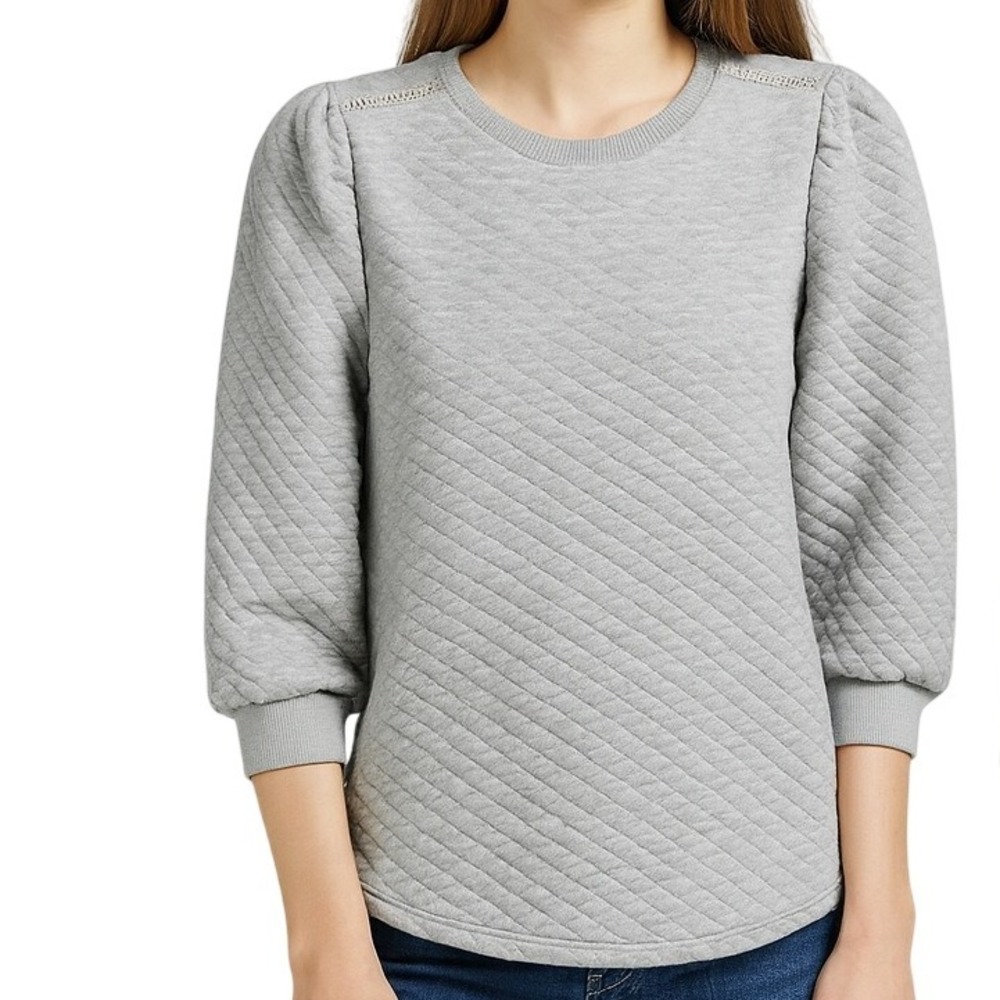 Retrology Pullover Sweater Top S Grey Quilted Rhinestone Puff Sleeve Cozy Glam